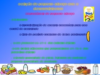 Relação do pequeno-almoço com o desenvolvimento Importância do pequeno-almoço - Objectivos Disponibilização de energia necessária para uma manhã de actividade Alivio do período nocturno de jejum prolongado - Deve fornecer 20-25 % das calorias diárias Deve incluir alimentos que proporcionem 25-30 % das proteínas diárias Elevada quantidade de fibra, hidratos de carbono e pequena quantidade de gorduras 
