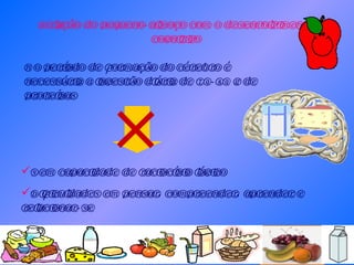 Relação do pequeno-almoço com o desenvolvimento cognitivo No período de formação do cérebro é necessária a ingestão diária de 70-80 g de proteínas Sem capacidade de raciocínio lógico Dificuldades em pensar, compreender, aprender e relacionar-se 