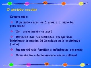 O período escolar Compreende: O período entre os 6 anos e o início da puberdade Um  crescimento estável Variação das necessidades energéticas individuais (também influenciada pela actividade física) Independência familiar e influências externas Aumento do relacionamento sócio-cultural 