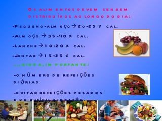 Os alimentos devem ser bem distribuídos ao longo do dia: Pequeno-almoço   2o-25 % cal. Almoço    35-40 % cal. Lanche   10-20 % cal. Jantar    15-25 % cal. É, ainda, importante: o número de refeições diárias evitar refeições pesadqs e de difícil digestão. 
