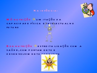 Na infância: Má nutrição      limitação da capacidade física  e intelectual no futuro Boa nutrição      estreita ligação com a saúde, comportamento e desenvolvimento cognitivo 