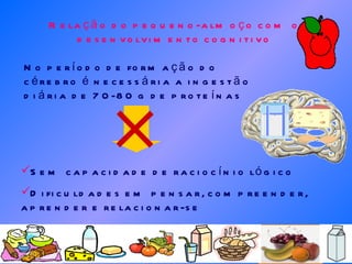 Relação do pequeno-almoço com o desenvolvimento cognitivo No período de formação do cérebro é necessária a ingestão diária de 70-80 g de proteínas Sem capacidade de raciocínio lógico Dificuldades em pensar, compreender, aprender e relacionar-se 