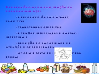 Consequências da eliminação do pequeno-almoço: - debilidade física e atraso cognitivo - transtornos afectivos - doenças infecciosas e gastro-intestinais - redução da capacidade de atenção e aprendizagem  - apatia e falta de interesse pela escola  