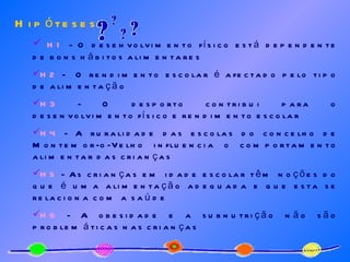Hipóteses H1  -   O desenvolvimento físico está dependente de bons hábitos alimentares H2  -  O rendimento escolar é afectado pelo tipo de alimentação H3  - O desporto contribui para o desenvolvimento físico e rendimento escolar H4  - A ruralidade das escolas do concelho de Montemor-o-Velho influencia o comportamento alimentar das crianças  H5  - As crianças em idade escolar têm noções do que é uma alimentação adequada e que esta se relaciona com a saúde H6  - A obesidade e a subnutrição não são problemáticas nas crianças 