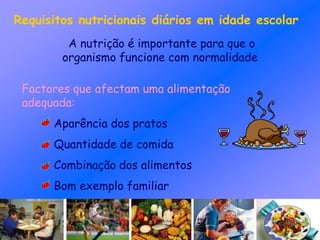 Requisitos nutricionais diários em idade escolar
A nutrição é importante para que o
organismo funcione com normalidade
Factores que afectam uma alimentação
adequada:
Aparência dos pratos
Quantidade de comida
Combinação dos alimentos
Bom exemplo familiar
 