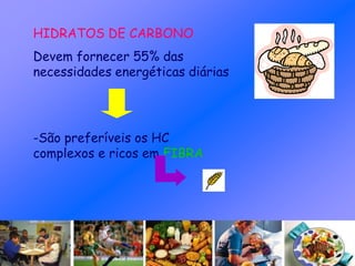 HIDRATOS DE CARBONO
Devem fornecer 55% das
necessidades energéticas diárias
-São preferíveis os HC
complexos e ricos em FIBRA
 