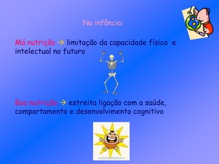 Na infância:
Má nutrição  limitação da capacidade física e
intelectual no futuro
Boa nutrição  estreita ligação com a saúde,
comportamento e desenvolvimento cognitivo
 