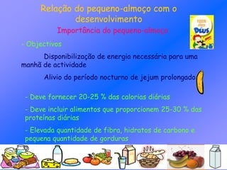 Relação do pequeno-almoço com o
desenvolvimento
Importância do pequeno-almoço
- Objectivos
Disponibilização de energia necessária para uma
manhã de actividade
Alivio do período nocturno de jejum prolongado
- Deve fornecer 20-25 % das calorias diárias
- Deve incluir alimentos que proporcionem 25-30 % das
proteínas diárias
- Elevada quantidade de fibra, hidratos de carbono e
pequena quantidade de gorduras
 