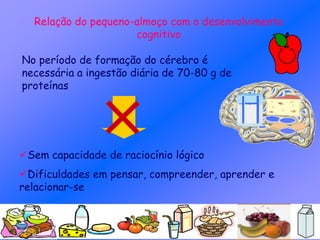 Relação do pequeno-almoço com o desenvolvimento
cognitivo
No período de formação do cérebro é
necessária a ingestão diária de 70-80 g de
proteínas
Sem capacidade de raciocínio lógico
Dificuldades em pensar, compreender, aprender e
relacionar-se
 