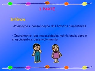 I PARTE
Infância
-Promoção e consolidação dos hábitos alimentares
- Incremento das necessidades nutricionais para o
crescimento e desenvolvimento
 