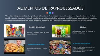 ALIMENTOS ULTRAPROCESSADOS
BEBIDAS
Refrigerantes, sucos de caixinha e
bebidas energéticas.
ALIMENTOS INSTANTÂNEOS
Sopas em pó, macarrão instantâneo
e misturas para bolo.
Salsichas, hambúrgueres, nuggets e
embutidos em geral.
DOCES E GULOSEIMAS
Biscoitos, sorvetes, balas e bolos
industrializados.
SALGADINHOS E FRITURAS
Pacotes de salgadinhos e batatas
fritas.
Alimentos ultraprocessados são produtos alimentares formulados industrialmente com ingredientes que incluem
substâncias não usadas na culinária caseira, como aditivos químicos (corantes, emulsificantes, aromatizantes) e muitos
outros componentes (açúcares, óleos, gorduras, proteínas, etc.) adicionados em diversas etapas do processamento.
 