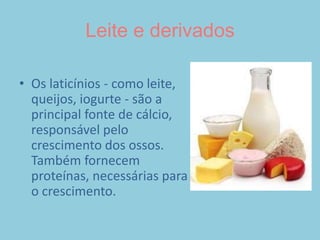 Carnes ovos e feijõesEste grupo fornece a maior parte das proteínas da alimentação, as quais são necessária pelo crescimento das crianças. São ainda fontes de vitaminas do Complexo B, ferro, fósforo, magnésio, zinco e outros minerais. Devem ser consumidas nas refeições principais, como almoço e jantar.