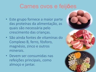Alimentos ricos em gordura e açúcarUma pequena quantidade de gordura é necessária, por isso as fontes destes alimentos devem ser consumidas em proporções controladas, pois também fazem parte da formação de energia do crescimento, e também da formação hormonal. Porém, por serem altamente calóricas, grandes porções ou o frequente consumo destes alimentos, inibem o apetite para alimentos mais saudáveis e podem promover a obesidade.