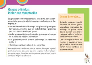 Grasas o lípidos:
Mejor con moderación
                                                                 Grasas Saturadas…
Las grasas son nutrientes esenciales en la dieta, pero su con-
sumo debe ser moderado. Es importante incluirlas en la die-
                                                                 Todas las grasas son combi-
ta porque:
                                                                 naciones de ácidos grasos
• Son excelente fuente de energía. Un gramo de grasa apor-       saturados e insaturados. Sin
 ta 9 calorías, mientras que los carbohidratos y proteínas       embargo las grasas satura-
 proporcionan 4 calorías por gramo.                              das se asocian a un mayor
• De las grasas se obtienen los ácidos grasos que el cuerpo      riesgo de padecer enferme-
 no es capaz de elaborar o sintetizar.                           dades cardiovasculares.
• Las grasas trasportan a través del cuerpo las vitaminas        Leer las etiquetas de los ali-
 A, D y E.                                                       mentos te ayudara a esco-
• Contribuyen al buen sabor de los alimentos.                    ger aquellos alimentos que
                                                                 tienen menor cantidad de
Recuerda priorizar el consumo de aceites de origen vegetal,      grasas saturadas.
preferiblemente de aceite de oliva virgen y reducir el con-
sumo de grasas de origen animal porque aportan una mayor
cantidad de grasas saturadas.

                                                                                                  15
 