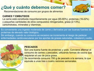 ¿Qué y cuánto debemos comer? 
Recomendaciones de consumo por grupos de alimentos 
CARNES Y EMBUTIDOS 
La carne está constituida mayoritariamente por agua (65-80%), proteínas (16-22%) 
y pequeñas cantidades de otros compuestos nitrogenados, grasa (2-13%), 
carbohidratos, minerales y vitaminas. 
Es conveniente una ingesta moderada de carne y derivados por ser buenas fuentes de 
proteínas de elevado valor biológico. 
Sin embargo, cuando su consumo es excesivo se incrementa el riesgo de padecer 
enfermedades cardiovasculares por los aportes de grasas saturadas, colesterol y sodio. 
PESCADOS 
Son una buena fuente de proteínas y yodo. Conviene alternar el 
consumo de carnes y pescados, utilizando formas de cocina que 
requieran el uso de poca grasa. 
Se recomienda consumir 700 g de pescado a la semana, lo que 
equivale a unas tres o cuatro raciones semanales. 
 