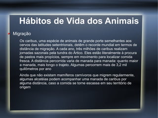 Hábitos de Vida dos Animais
Migração
   Os caribus, uma espécie de animais de grande porte semelhantes aos
   cervos das latitudes setentrionais, detêm o recorde mundial em termos de
   distância de migração. A cada ano, três milhões de caribus realizam
   jornadas sazonais pela tundra do Ártico. Eles estão literalmente à procura
   de pastos mais propícios, sempre em movimento para localizar comida
   fresca. A distância percorrida varia de manada para manada: quanto maior
   a manada, mais longo o trajeto. Algumas percorrem mais de 3,2 mil
   quilômetros por ano
   Ainda que não existam mamíferos carnívoros que migrem regularmente,
   algumas alcatéias podem acompanhar uma manada de caribus por
   alguma distância, caso a comida se torne escassa em seu território de
   origem
 