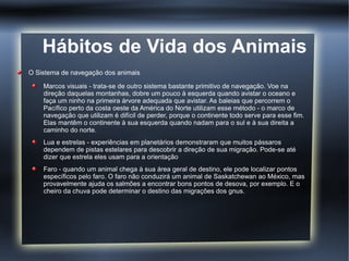Hábitos de Vida dos Animais
O Sistema de navegação dos animais

    Marcos visuais - trata-se de outro sistema bastante primitivo de navegação. Voe na
    direção daquelas montanhas, dobre um pouco à esquerda quando avistar o oceano e
    faça um ninho na primeira árvore adequada que avistar. As baleias que percorrem o
    Pacífico perto da costa oeste da América do Norte utilizam esse método - o marco de
    navegação que utilizam é difícil de perder, porque o continente todo serve para esse fim.
    Elas mantêm o continente à sua esquerda quando nadam para o sul e à sua direita a
    caminho do norte.
    Lua e estrelas - experiências em planetários demonstraram que muitos pássaros
    dependem de pistas estelares para descobrir a direção de sua migração. Pode-se até
    dizer que estrela eles usam para a orientação
    Faro - quando um animal chega à sua área geral de destino, ele pode localizar pontos
    específicos pelo faro. O faro não conduzirá um animal de Saskatchewan ao México, mas
    provavelmente ajuda os salmões a encontrar bons pontos de desova, por exemplo. E o
    cheiro da chuva pode determinar o destino das migrações dos gnus.
 