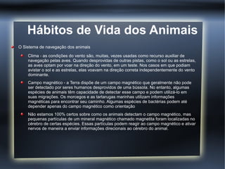 Hábitos de Vida dos Animais
O Sistema de navegação dos animais

    Clima - as condições do vento são, muitas, vezes usadas como recurso auxiliar de
    navegação pelas aves. Quando desprovidas de outras pistas, como o sol ou as estrelas,
    as aves optam por voar na direção do vento, em um teste. Nos casos em que podiam
    avistar o sol e as estrelas, elas voavam na direção correta independentemente do vento
    dominante.
    Campo magnético - a Terra dispõe de um campo magnético que geralmente não pode
    ser detectado por seres humanos desprovidos de uma bússola. No entanto, algumas
    espécies de animais têm capacidade de detectar esse campo e podem utilizá-lo em
    suas migrações. Os morcegos e as tartarugas marinhas utilizam informações
    magnéticas para encontrar seu caminho. Algumas espécies de bactérias podem até
    depender apenas do campo magnético como orientação
    Não estamos 100% certos sobre como os animais detectam o campo magnético, mas
    pequenas partículas de um mineral magnético chamado magnetita foram localizadas no
    cérebro de certas espécies. Essas partículas podem reagir ao campo magnético e ativar
    nervos de maneira a enviar informações direcionais ao cérebro do animal.
 
