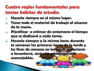Hacerlo siempre en el mismo lugar.Tener todo el material de trabajo al alcance  de la mano.Planificar  o estimar de antemano el tiempo que se dedicará a cada tarea.Hacerlo siempre a la misma hora: durante la semanas las primeras horas de la tarde y los fines de semana en las horas posteriores a levantarse, serán los momentos más aconsejables.Cuatro reglas fundamentales para iniciar hábitos de estudio.