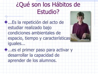 ¿Qué son los Hábitos de Estudio? ...Es la repetición del acto de estudiar realizado bajo condiciones ambientales de espacio, tiempo y características iguales... ...es el primer paso para activar y desarrollar la capacidad de aprender de los alumnos. 