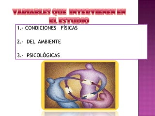 1.- CONDICIONES FÍSICAS
2.- DEL AMBIENTE
3.- PSICOLÓGICAS
 