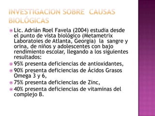  Lic. Adrián Roel Favela (2004) estudia desde
el punto de vista biológico (Metametrix
Laboratoies de Atlanta, Georgia) la sangre y
orina, de niños y adolescentes con bajo
rendimiento escolar, llegando a los siguientes
resultados:
 95% presenta deficiencias de antioxidantes,
 90% presenta deficiencias de Ácidos Grasos
Omega 3 y 6,
 75% presenta deficiencias de Zinc,
 40% presenta deficiencias de vitaminas del
complejo B.
 