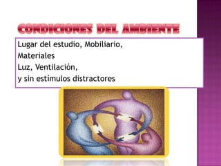 Lugar del estudio, Mobiliario,
Materiales
Luz, Ventilación,
y sin estímulos distractores
 
