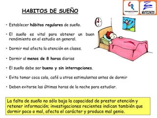 HABITOS DE SUEÑO
• Dormir al menos de 8 horas diarias
• El sueño debe ser bueno y sin interrupciones.
• Evita tomar coca cola, café u otros estimulantes antes de dormir
• Deben evitarse las últimas horas de la noche para estudiar.
• Establecer hábitos regulares de sueño.
• El sueño es vital para obtener un buen
rendimiento en el estudio en general.
• Dormir mal afecta la atención en clases.
La falta de sueño no sólo baja la capacidad de prestar atención y
retener información; investigaciones recientes indican también que
dormir poco o mal, afecta el carácter y produce mal genio.
 