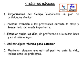 1. Organización del tiempo, elaborando un plan de
actividades diarias.
2. Prestar atención a los profesores durante la clase y
tomar nota de lo más importante.
3. Estudiar todos los días, de preferencia a la misma hora
y en el mismo lugar.
4. Utilizar alguna técnica para estudiar.
5. Mantener siempre una actitud positiva ante la vida,
incluso ante los problemas.
5 HÁBITOS BÁSICOS
 