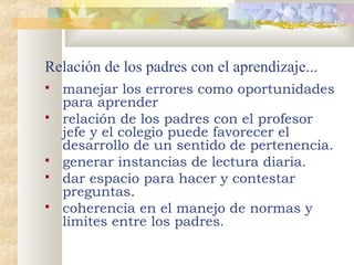 Relación de los padres con el aprendizaje...







manejar los errores como oportunidades
para aprender
relación de los padres con el profesor
jefe y el colegio puede favorecer el
desarrollo de un sentido de pertenencia.
generar instancias de lectura diaria.
dar espacio para hacer y contestar
preguntas.
coherencia en el manejo de normas y
límites entre los padres.

 