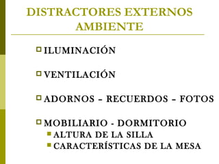 DISTRACTORES EXTERNOS
AMBIENTE
 ILUMINACIÓN
 VENTILACIÓN
 ADORNOS

– RECUERDOS – FOTOS

 MOBILIARIO

- DORMITORIO

ALTURA DE LA SILLA
 CARACTERÍSTICAS DE LA MESA


 