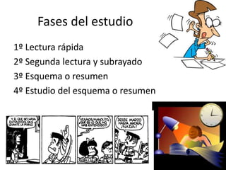 Fases del estudio
1º Lectura rápida
2º Segunda lectura y subrayado
3º Esquema o resumen
4º Estudio del esquema o resumen
 