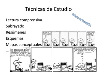 Técnicas de Estudio
Lectura comprensiva
Subrayado
Resúmenes
Esquemas
Mapas conceptuales
…
 
