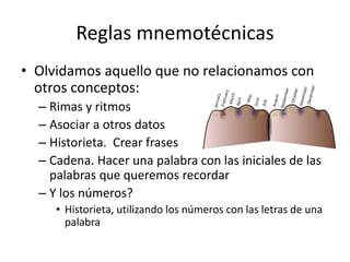Reglas mnemotécnicas
• Olvidamos aquello que no relacionamos con
otros conceptos:
– Rimas y ritmos
– Asociar a otros datos
– Historieta. Crear frases
– Cadena. Hacer una palabra con las iniciales de las
palabras que queremos recordar
– Y los números?
• Historieta, utilizando los números con las letras de una
palabra
 