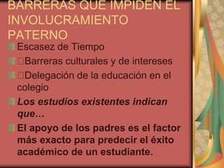 BARRERAS QUE IMPIDEN EL
INVOLUCRAMIENTO
PATERNO
Escasez de Tiempo
Barreras culturales y de intereses
Delegación de la educación en el
colegio
Los estudios existentes indican
que…
El apoyo de los padres es el factor
más exacto para predecir el éxito
académico de un estudiante.
 