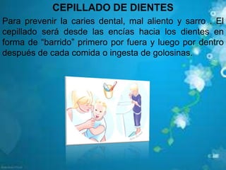 CEPILLADO DE DIENTES
Para prevenir la caries dental, mal aliento y sarro . El
cepillado será desde las encías hacia los dientes en
forma de “barrido” primero por fuera y luego por dentro
después de cada comida o ingesta de golosinas.
 