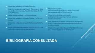 BIBLIOGRAFIA CONSULTADA
 https://es.wikipedia.org/wiki/Siembra
 http://es.hesperian.org/hhg/A_Community_Gui
de_to_Environmental_Health:Siembra_de_%
C3%A1rboles
 https://www.sembrar100.com/arboles/
 https://es.wikipedia.org/wiki/Plantar_%C3%A1
rboles
 https://es.wikipedia.org/wiki/Reforestaci%C3%
B3n
 https://jardinessinfronteras.com/2016/12/11/be
neficios-y-perjuicios-de-los-arboles/
 https://www.jardin-
tecina.com/blog/inicio/2016/diez-razones-
para-plantar-un-%C3%A1rbol/#/
 https://encolombia.com/medio-
ambiente/interes-a/importancia-arboles-
medio-ambiente/
 http://www.eltucumano.com/noticia/actualidad/
238202/ventajas-desventajas-plantar-millon-
medio-arboles
 https://www.geniolandia.com/13182345/ventaj
as-y-desventajas-de-la-forestacion
 