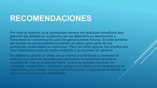 RECOMENDACIONES
Por todo lo anterior, si la humanidad conoce los múltiples beneficios que
generan los árboles en el planeta, tal vez detendría su destrucción y
fomentaría su conservación para las generaciones futuras. Si cada persona
del mundo se comprometiera a plantar un árbol, gran parte de los
problemas ambientales se reducirían. Pero sin duda alguna, los árboles son
muy importantes para el medio ambiente y la sociedad en general.
En definitiva, planta un árbol ahora mismo y contribuye a reforestar el
entorno que tanto lo necesita para garantizar la existencia de toda la
variedad de vida en el planeta tierra. Todos los árboles merecen ser
cuidados, respetados y valorados porque son vitales en la dinámica de la
naturaleza y su relación con los seres vivos para conjuntamente formar un
mundo ecológicamente equilibrado.
 