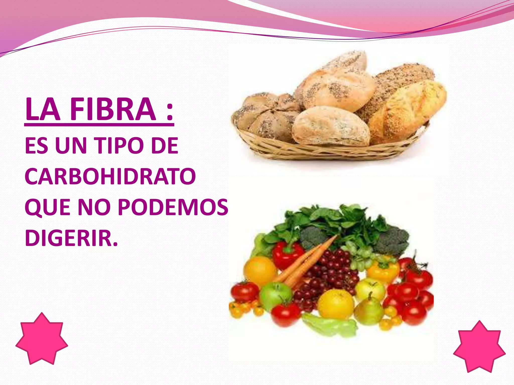 LA FIBRA :
ES UN TIPO DE
CARBOHIDRATO
QUE NO PODEMOS
DIGERIR.
