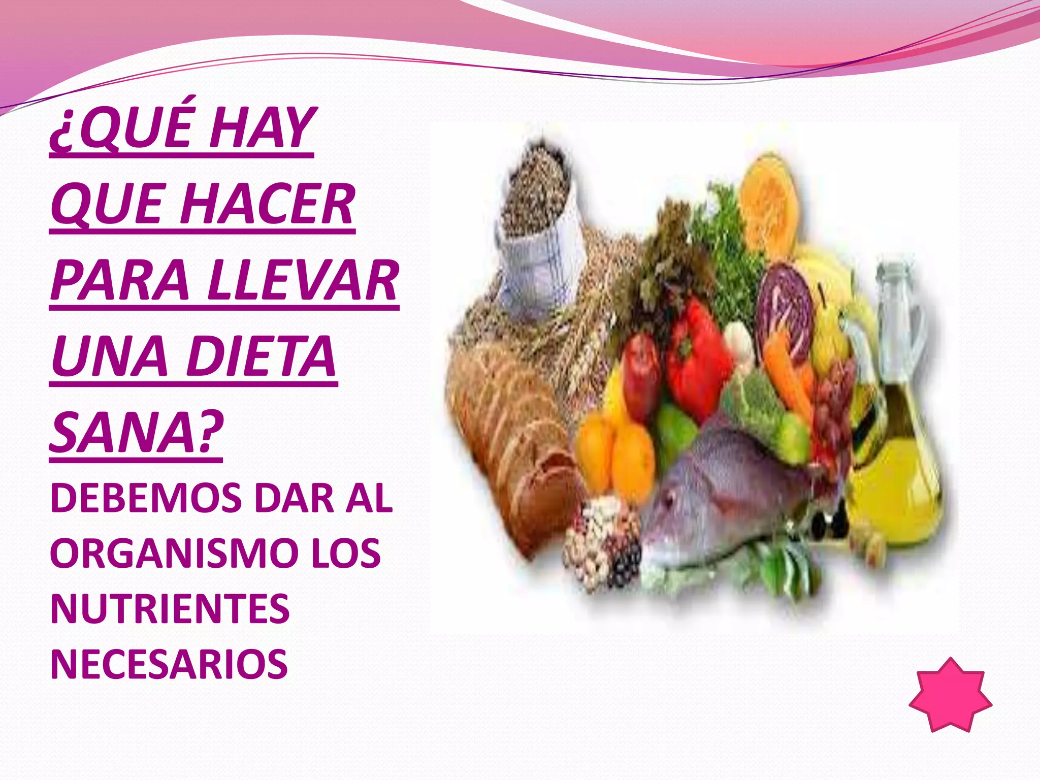¿QUÉ HAY
QUE HACER
PARA LLEVAR
UNA DIETA
SANA?
DEBEMOS DAR AL
ORGANISMO LOS
NUTRIENTES
NECESARIOS