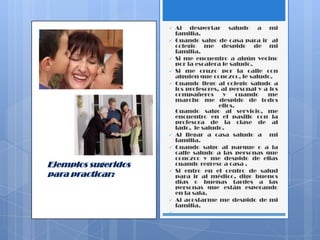  Al despertar saludo a mi
familia.
 Cuando salgo de casa para ir al
colegio me despido de mi
familia.
 Si me encuentro a algún vecino
por la escalera le saludo.
 Si me cruzo por la calle con
alguien que conozco, le saludo.
 Cuando llego al colegio saludo a
los profesores, al personal y a los
compañeros y cuando me
marcho me despido de todos
ellos.
Cuando salgo al servicio, me
encuentro en el pasillo con la
profesora de la clase de al
lado, le saludo.
 Al llegar a casa saludo a mi
familia.
 Cuando salgo al parque o a la
calle saludo a las personas que
conozco y me despido de ellas
cuando regreso a casa .
 Si entro en el centro de salud
para ir al médico, digo buenos
días o buenas tardes a las
personas que están esperando
en la sala.
 Al acostarme me despido de mi
familia.

Ejemplos sugeridos
para practicar:
 