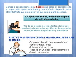 Vamos a concentrarnos en 5 hábitos que serán el comienzo de
su nueva vida como estudiante y que harán la diferencia entre
el ESTUDIANTE que era antes y el que será a partir de ahora.
1. Organize su tiempo, elaborando un plan
de actividades diarias.
Uno de los factores mas importantes a la hora de
estudiar es el aprovechar muy bien los tiempos, pues
esto te permite mas organización y rendimiento.
-Programar bien lo que se va a hacer
-Tener listas sus tareas
-Saber que clases tocan
-Hacerlo en un papel ordenadamente
-Tenerlo en cuenta
 
