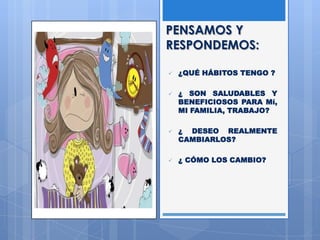 PENSAMOS Y
RESPONDEMOS:
 ¿QUÉ HÁBITOS TENGO ?
 ¿ SON SALUDABLES Y
BENEFICIOSOS PARA Mí,
MI FAMILIA, TRABAJO?
 ¿ DESEO REALMENTE
CAMBIARLOS?
 ¿ CÓMO LOS CAMBIO?
 