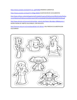 https://www.youtube.com/watch?v=eo_gaEPSVMQ PIRAMIDE ALIMENTICIA
https://www.youtube.com/watch?v=O3Zgg-O66KQ CLASIFICACION DE LOS ALIMENTOS
http://www.icbf.gov.co/portal/page/portal/CiudadesProsperas/PublicacionesYMultimedia/Publica
cionesYBoletines/PublicacionesEditoriales/CARTILLA%20HABITOS%20DE%20ALIMENTACION.pdf
http://www.alicante.es/comunes/noticias/baja_adjunto.php?depto=2&codigo=100&adjunto=1
BUENA PAGINA DE HABITOS SALUDABLES, CON ENCUESTA
http://servicios.educarm.es/cnice/epssd3/sd3_00_00.html MULTIMEDIA DE ALIMENTACION
EQUILIBRADA
 