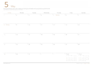 5
Sunday Monday Tuesday Wednesday Thursday Friday Saturday
1 2
8 9
15 16
22 23
29 30
The second half of a man's life is made up of nothing but the habits he has acquired during the first half.
인생의 후반부는 전반부에 얻은 습관만으로 이루어진다.
May
4 5 6 73
11 12 13 1410
18 19 20 2117
25 26 27 2824
C R E A T E B Y H A B I T R E Ewww.habitree.co.kr
1 231 6 June
S M T W T F S
1 2 3 4
5 6 7 8 9 10 11
12 13 14 15 16 17 18
19 20 21 22 23 24 25
26 27 28 29 30
S M T W T F S
1 2
3 4 5 6 7 8 9
10 11 12 13 14 15 16
17 18 19 20 21 22 23
24 25 26 27 28 29 30
4 April
어린이날
어버이날
 