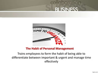 Trains employees to form the habit of being able to
differentiate between important & urgent and manage time
effectively
The Habit of Personal Management