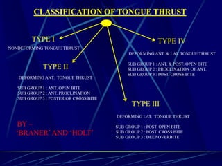 CLASSIFICATION OF TONGUE THRUST
TYPE I
TYPE II
TYPE III
TYPE IV
NONDEFORMING TONGUE THRUST
DEFORMING ANT. TONGUE THRUST
SUB GROUP 1 : ANT. OPEN BITE
SUB GROUP 2 : ANT. PROCLINATION
SUB GROUP 3 : POSTERIOR CROSS BITE
DEFORMING LAT. TONGUE THRUST
SUB GROUP 1 : POST. OPEN BITE
SUB GROUP 2 : POST. CROSS BITE
SUB GROUP 3 : DEEP OVERBITE
DEFORMING ANT. & LAT. TONGUE THRUST
SUB GROUP 1 : ANT. & POST. OPEN BITE
SUB GROUP 2 : PROCLINATION OF ANT.
SUB GROUP 3 : POST. CROSS BITE
BY –
‘BRANER’AND ‘HOLT’
 