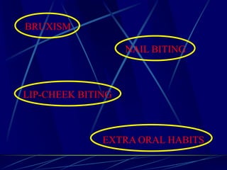 BRUXISM
LIP-CHEEK BITING
NAIL BITING
EXTRA ORAL HABITS
 