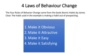 4 Laws of Behaviour Change
1.Make it Obvious
2.Make it Attractive
3.Make it Easy
4.Make it Satisfying
The Four Rules of Behavior Change come from the book Atomic Habits by James
Clear. The habit used in the example is making a habit out of prospecting.
 