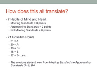 How does this all translate?
•  7 Habits of Mind and Heart
•  Meeting Standards = 3 points
•  Approaching Standards = 2 points
•  Not Meeting Standards = 0 points
•  21 Possible Points
•  21 = A
•  20 = A-
•  19 = B+
•  18 = B
•  17 = B-…etc…
•  The previous student went from Meeting Standards to Approaching
Standards (A- to B-)
 